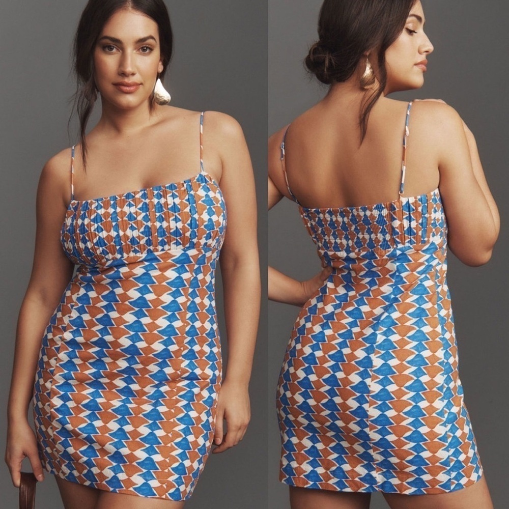 ❤️ NWT The Ophelia Sleeveless Linen Slim Mini Dress by Maeve Blue Floral Wave 12